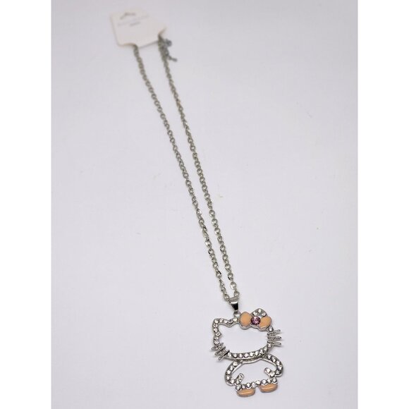 NWT Hello Kitty Rhinestone Pendant Women's Necklace Pink Bow Silver Chain 22" - Picture 4 of 5